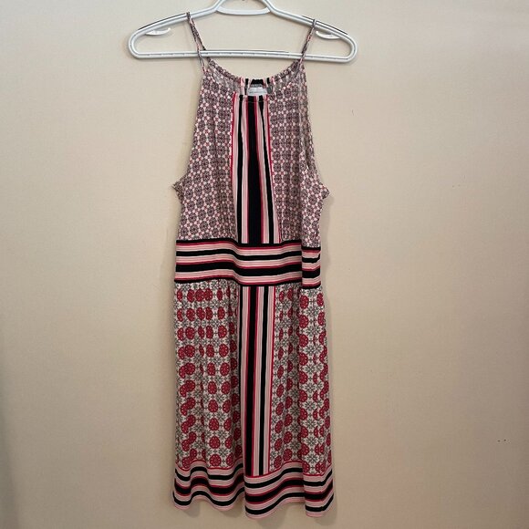 New York & Company Sleeveless High Neck Short Dress Stripe Floral Pattern Size M - Picture 1 of 3